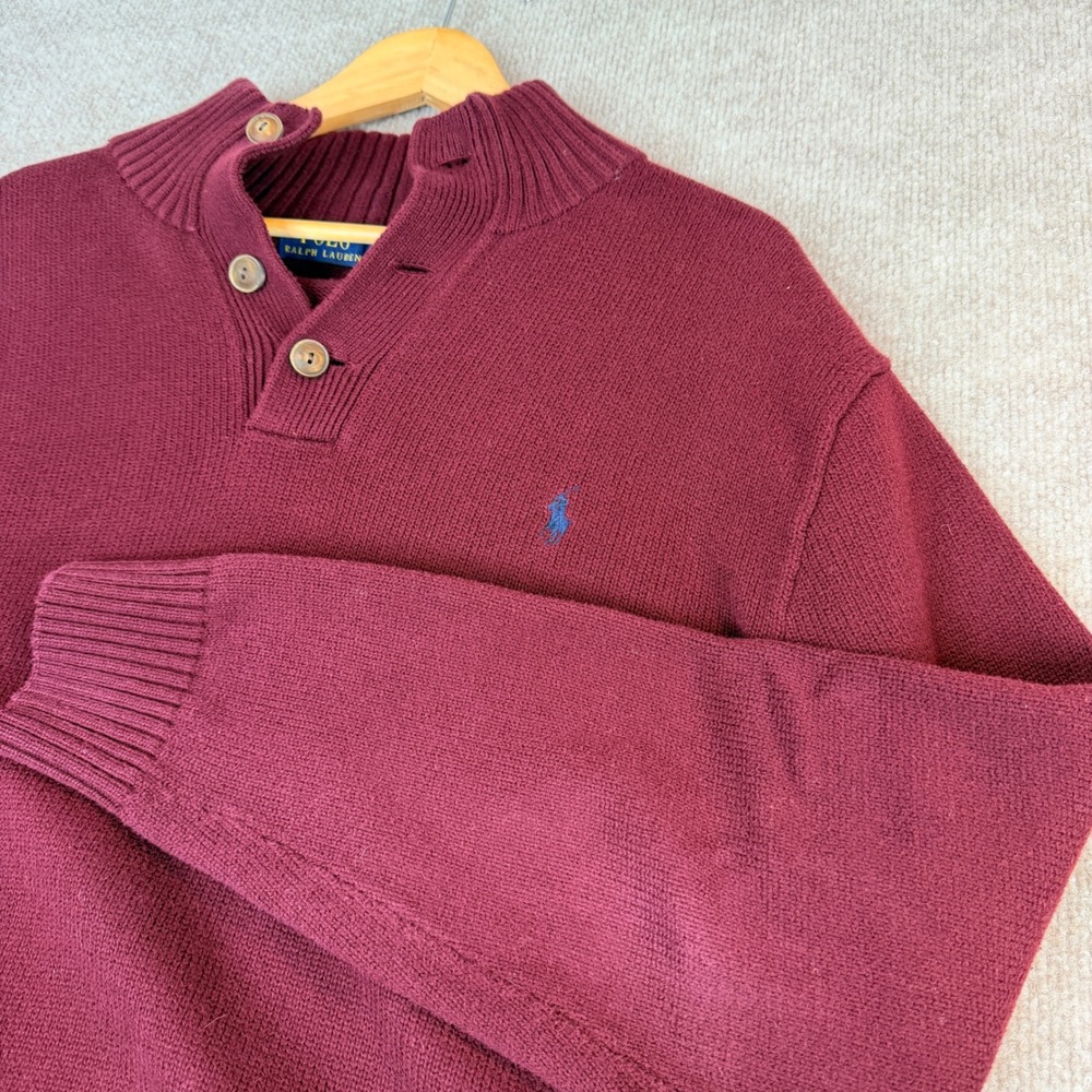 Polo Ralph Lauren Mens Burgundy Cotton Button Neck‎ Sweater XXL